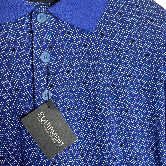 Equipment HG Design Men's M Blue Cotton Small Print Short Sleeve Polo Geometric - Picture 2 of 4